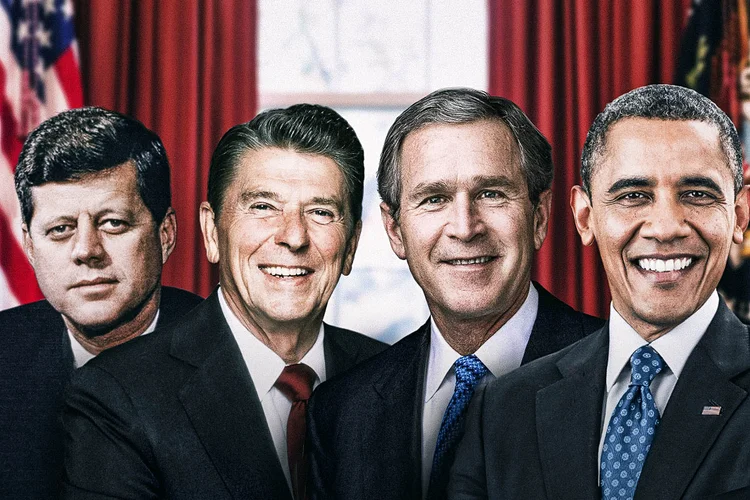 Kennedy, Reagan, Bush e Obama (da esq. para a dir.): os mandatários americanos moldaram o século 20 e a entrada no século 21 (Montagem/EXAME/Getty Images)
