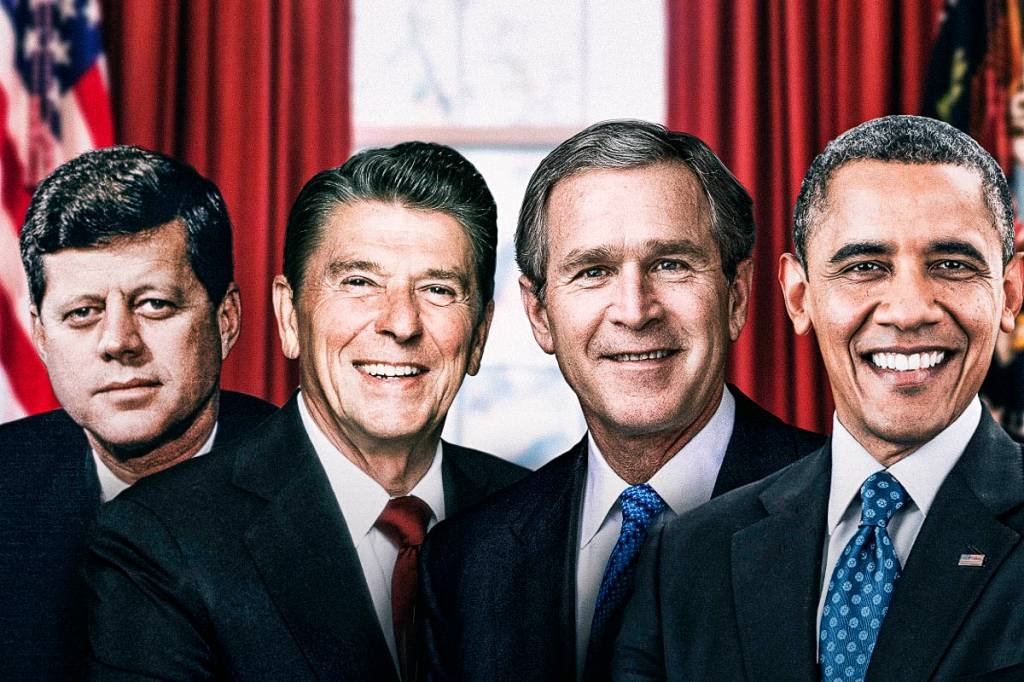 Kennedy, Reagan, Bush e Obama (da esq. para a dir.): os mandatários americanos moldaram o século 20 e a entrada no século 21 (Montagem/EXAME/Getty Images)