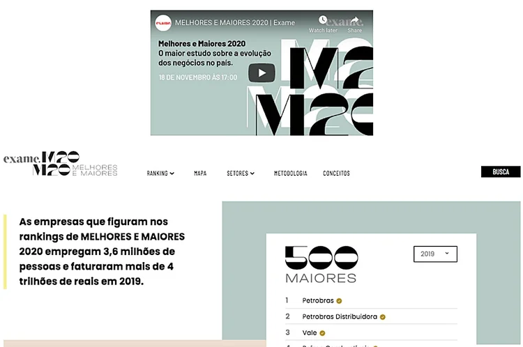 Página inicial do novo canal de MELHORES E MAIORES: análises e informações exclusivas sobre as principais empresas do Brasil (Reprodução/Exame)