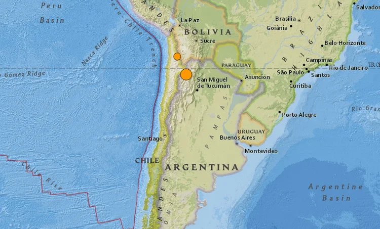 Argentina: tremor de magnitude 6,3 é identificado próximo da fronteira com Chile
 (USGS/Reprodução)