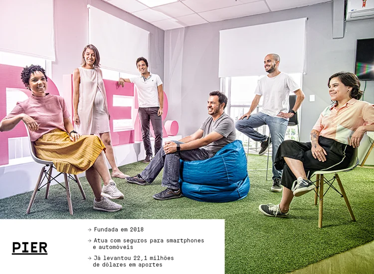 Da esquerda para a direita, Marina Evangelista, Erica Mansberger, Lucas Prado, Igor Mascarenhas, Rafael Oliveira e Marina Moreira, da startup Pier: aposta na simplificação dos seguros (Germano Lüders/Exame)