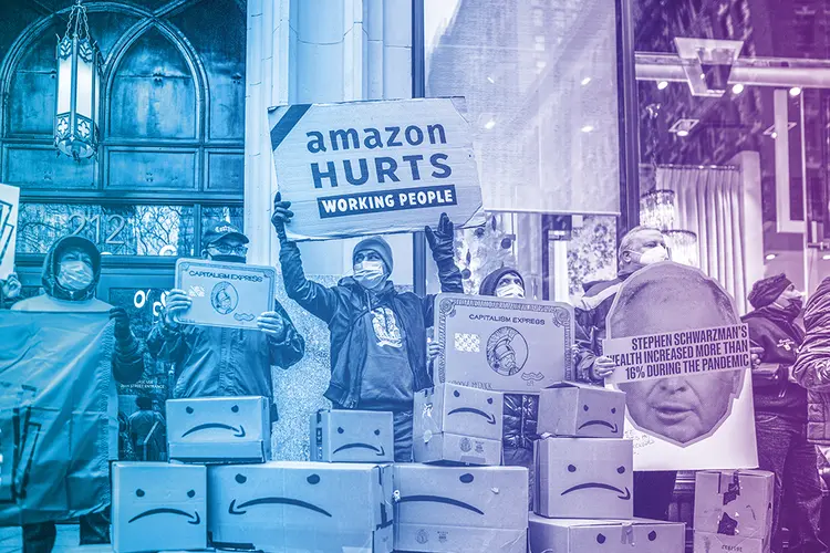 Protesto contra a Amazon: o poder de monopólio impacta os empregos, os negócios e a sociedade (Kena Betancur/Getty Images)
