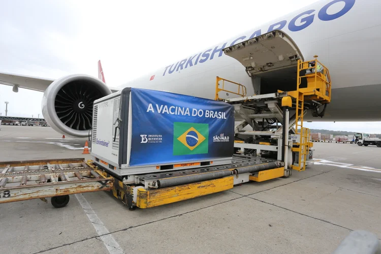 Carregamento chegou na manhã desta segunda-feira ao Aeroporto de Cumbica, em Guarulhos. (Estado de São Paulo/Divulgação)
