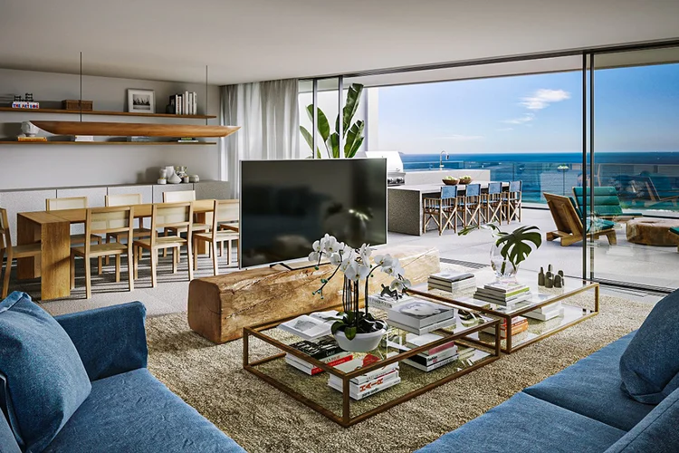 Sala espaçosa e vista para a praia: a Bait tem foco no alto padrão (Bait/Divulgação)