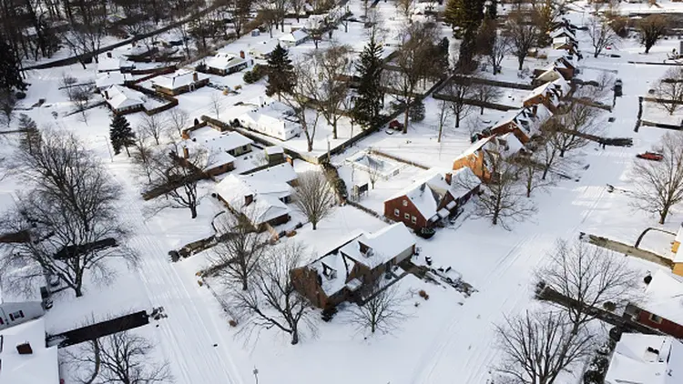 DAYTON, OHIO, UNITED STATES - 2021/02/16: (EDITORS NOTE: Image taken with drone)
A view of a snow covered neighbourhood in Dayton.
Winter Storm Uri leaves over six inches of snow in more than 25 states across the United States. (Photo by Megan Jelinger/SOPA Images/LightRocket via Getty Images) (Megan Jelinger/Getty Images)