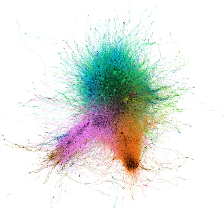 Gráfico de conexões no Twitter após a anulação das acusações contra Lula: além das duas polarizações (esquerda, lilás, e direita bolsonarista, laranja), um grande grupo de novos entrantes participou do debate (Pedro Barciela/Reprodução)