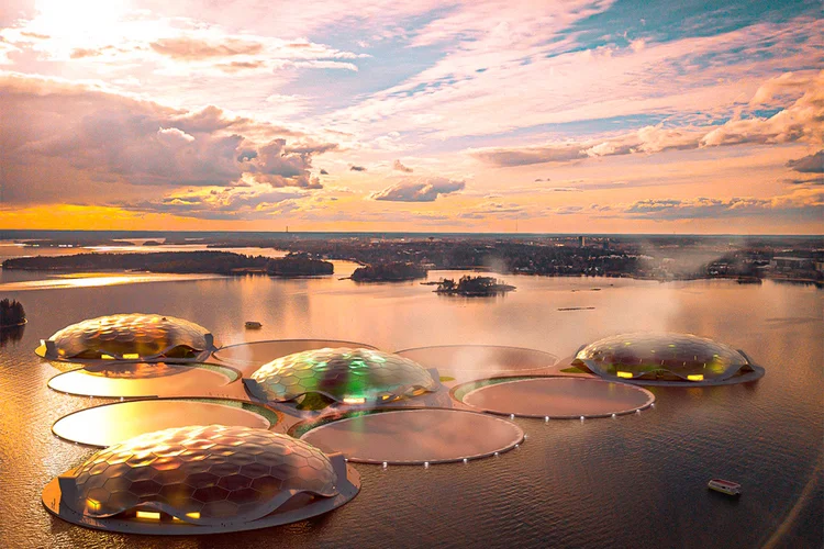 Renderização de como seriam os reservatórios flutuantes na costa de Helsinque (Carlo Ratti Associati/Reprodução)