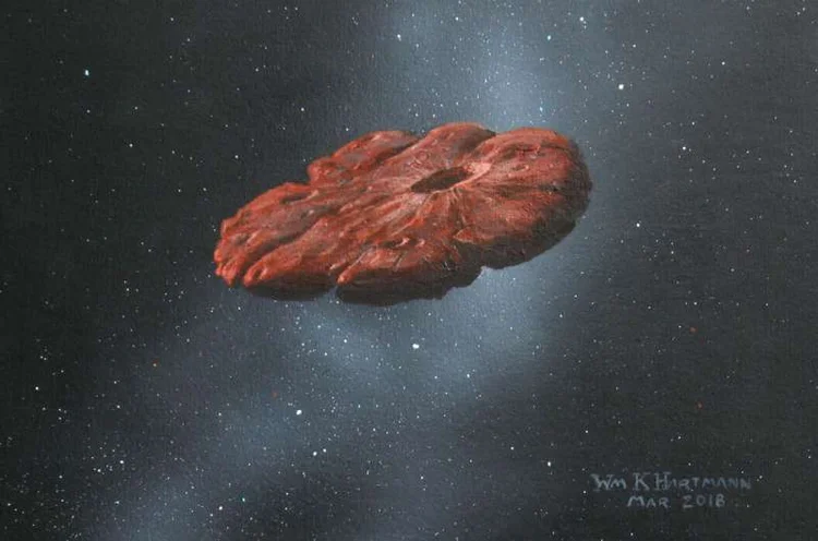 ‘Oumuamua: pintura do cientista William Hartmann mostra o objeto como um disco em forma de panqueca (William Hartmann/Reprodução)