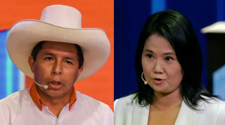 Castillo e Keiko: a ex-congressista começou liderando, mas Castillo virou com votos do Peru rural (Sebastian CASTANEDA / POOL/AFP)