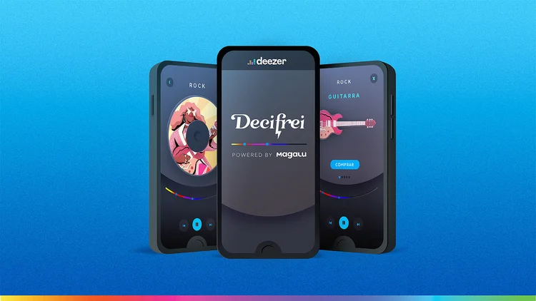 Plataforma Decifrei, do Magalu e Deezer, permite compra de instrumentos utilizados em cada música das playlists (Ogilvy/Divulgação)