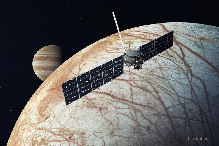 Ilustração do planeta Júpiter acompanhado de uma de suas luas. (Nasa/JPL-Caltech/Reprodução)