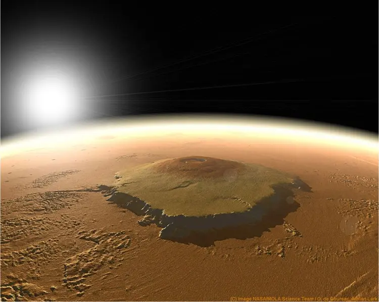 Olympus Mons em Marte (NASA/MOLA Science Team/ O. de Goursac, Adrian Lark/Reprodução)