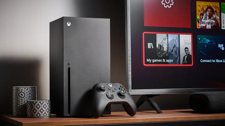 Living room with a Microsoft Xbox Series X home video game console alongside a television and soundbar, taken on October 9, 2020. (Phil Barker/Getty Images)