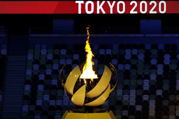 TOKYO, JAPAN - JULY 23: A detailed view of the Olympic cauldron lit during the Opening Ceremony of the Tokyo 2020 Olympic Games at Olympic Stadium on July 23, 2021 in Tokyo, Japan. (Photo by Laurence Griffiths/Getty Images) (Laurence Griffiths/Getty Images)