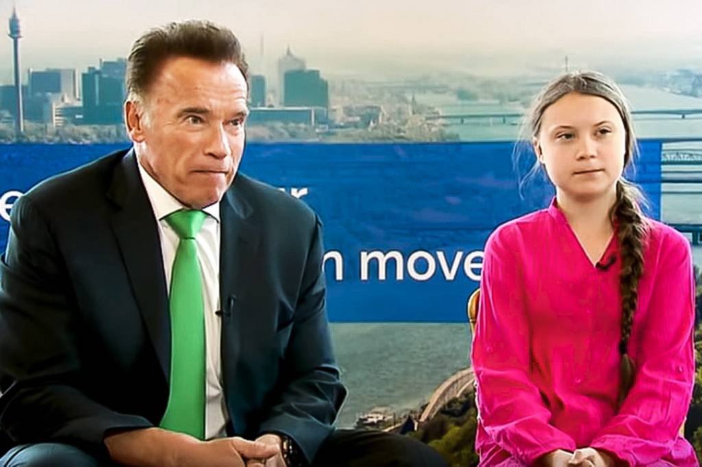 O ator Arnold Schwarzenegger e a jovem ativista ambiental Greta Thumberg (Foto/Reprodução)
