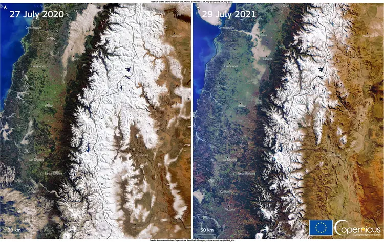 Uma combinação de imagens, obtidas por um dos satélites Copernicus Sentinel-3, nos dias 27 de julho de 2020 e 29 de julho de 2021 mostra o menor volume de neve que afeta a cordilheira dos Andes. (DG DEFIS/Divulgação/Reuters)