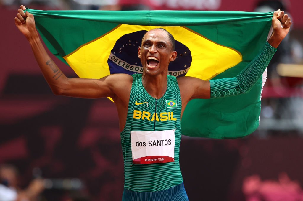 TOKYO, JAPAN - AUGUST 03: Alison dos Santos of Team Brazil celebrates after winning bronze in the Men's 400m Hurdles Final on day eleven of the Tokyo 2020 Olympic Games at Olympic Stadium on August 03, 2021 in Tokyo, Japan. (Photo by Abbie Parr/Getty Images) (Abbie Parr/Getty Images)