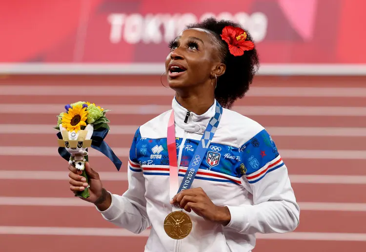 Jasmine Camacho-Quinn, vitoriosa nos 100m com barreiras: primeiro ouro da história de Porto Rico no atletismo (Jean Catuffe/Getty Images)