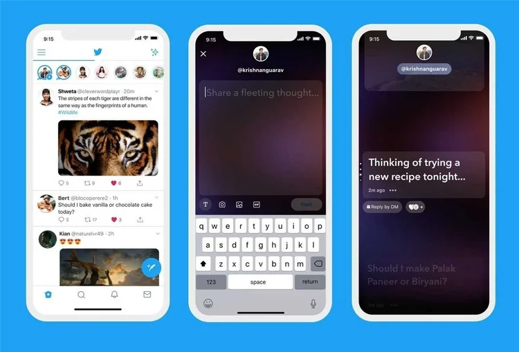 Fleets, no Twitter: função copiada do stories, do Instagram; que por sua vez, copiou o snap, do Snapchat (Twitter/Reprodução)