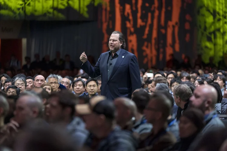 Marc Benioff, CEO da Salesforce no Dreamforce 2019: gigante de tecnologia volta a realizar evento presencial, ainda que em escala reduzida (Paul Morris/Bloomberg/Getty Images)