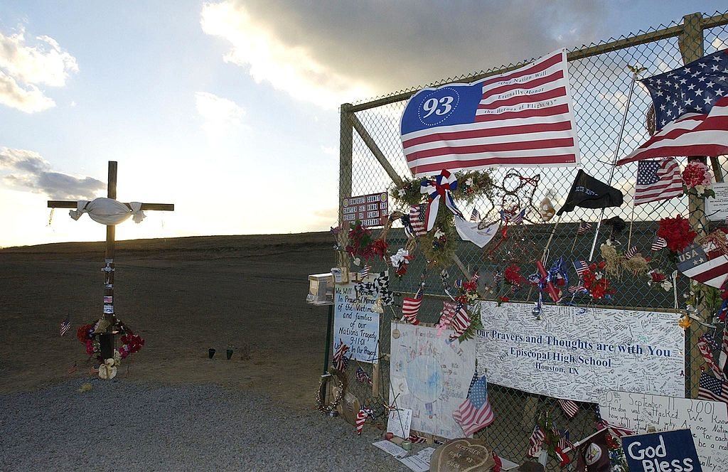 A makeshift memorial stands 10 March 2002, at a site overlooking the field where United Airlines flight 93 crashed in Shanksville, Pennsylvania, on 11 September, 2001. The six-month anniversary of the attacks will be marked 11 March.