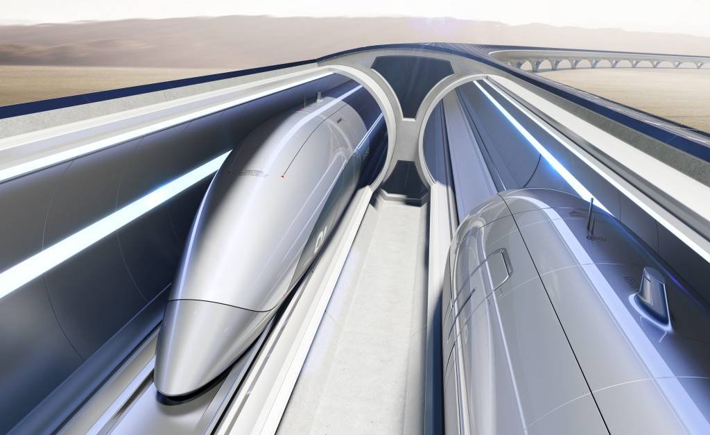 O transporte da tecnologia hyperloop é através de cápsulas que viajam dentro de um tubo de baixa pressão atmosférica (Hyperloop/Divulgação)