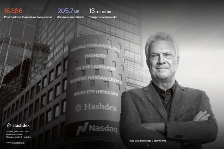 Imagem mostra vídeo da Hashdex com Pedro Bial exibido na tela inicial do navegador Brave (Brave/Hashdex/Divulgação)