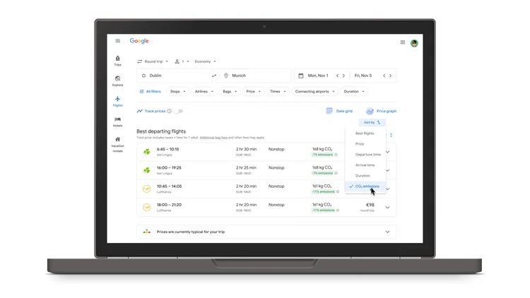 Google Flights: plataforma de busca de voos agora apresentará pegada de carbono de trechos aéreos (Google/Divulgação)