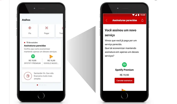 Entre as funções da ferramenta, ela alerta se o cliente tem assinaturas de serviços parecidas e se deseja cancelar uma delas (Santander/Divulgação)