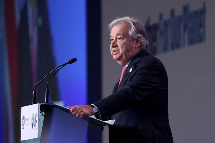 António Guterres, secretário-geral da ONU, discursa durante a COP 26 (Yves Herman - WPA Pool/Getty Images/Getty Images)