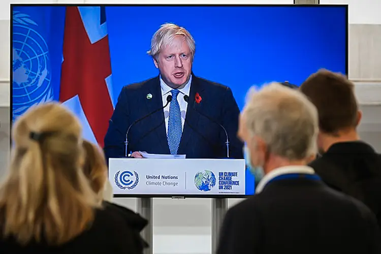 Boris Johnson discursa em cerimônia de abertura da COP 26, nesta segunda, dia 1º (ADRIAN DENNIS/AFP via Getty Images/Getty Images)