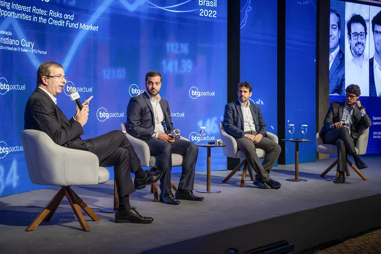 Eduardo Arraes, da BTG Asset, Sergio Goldstein, da Itaú Asset, e Daniel Lemos, da Riza Asset, participaram de painel do CEO Conference (BTG Pactual/Divulgação)