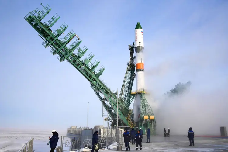 KYZYLORDA REGION, KAZAKHSTAN - FEBRUARY 15, 2022: A Soyuz 2.1a rocket booster carrying the Progress MS-19 spacecraft is pictured at Baikonur Cosmodrome. This is the 50th launch involving Soyuz-2.1a. Roscosmos Press Office/TASS

THIS IMAGE WAS PROVIDED BY A THIRD PARTY. EDITORIAL USE ONLY
 (Photo by Roscosmos Press OfficeTASS via Getty Images) (Roscosmos Press OfficeTASS/Getty Images)