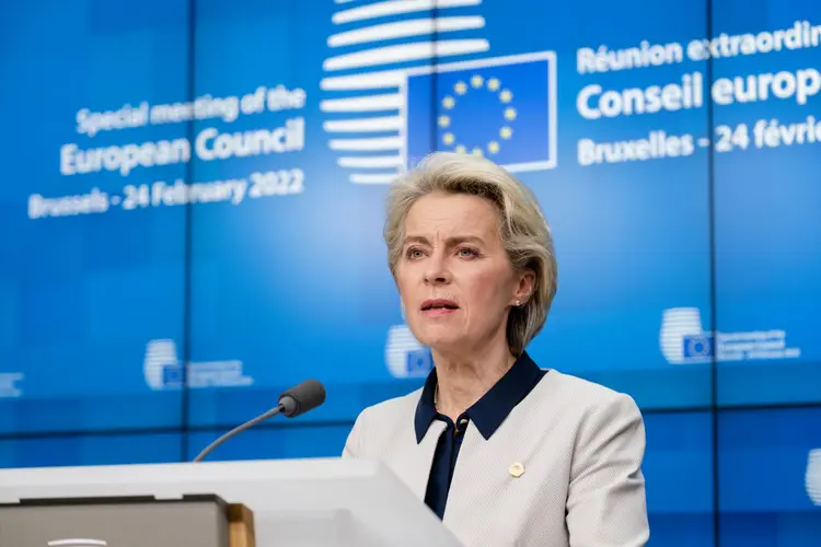 BRUSSELS, BELGIUM - FEBRUARY 25: President of the European Commission Ursula von der Leyen speaks to media at the end of an EU Summit on the situation in Ukraine on February 25, 2022 in Brussels, Belgium. The European Council deplored the tragic loss of life and human suffering caused by the Russian aggression. (Photo by Thierry Monasse/Getty Images) (Thierry Monasse/Getty Images)