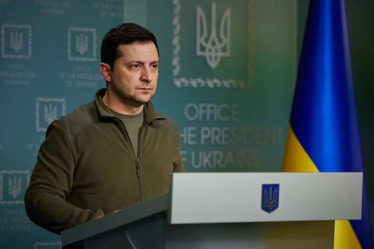 KYIV, UKRAINE - FEBRUARY 25: (----EDITORIAL USE ONLY â MANDATORY CREDIT - "PRESIDENCY OF UKRAINE/ HANDOUT" - NO MARKETING NO ADVERTISING CAMPAIGNS - DISTRIBUTED AS A SERVICE TO CLIENTS----)  Ukraineâs President Volodymyr Zelenskyy holds a press conference on Russia's military operation in Ukraine, on February 25, 2022 in Kyiv. (Photo by Presidency of Ukraine/Handout/Anadolu Agency via Getty Images) (Presidency of Ukraine/Handout/Anadolu Agency/Getty Images)