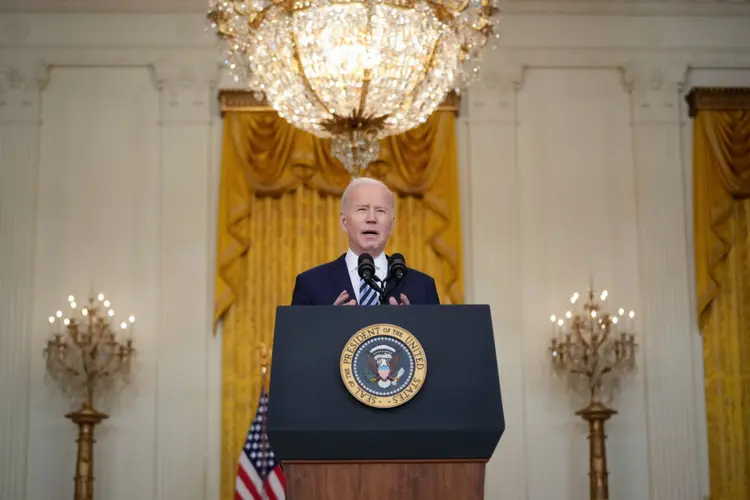 WASHINGTON, DC - FEBRUARY 24: U.S. President Joe Biden delivers remarks about Russia's “unprovoked and unjustified" military invasion of neighboring Ukraine in the East Room of the White House on February 24, 2022 in Washington, DC. Biden announced a new round of sanctions against Russia after President Vladimir Putin launched an attack on Ukraine from the land, sea and air on Thursday. (Photo by Drew Angerer/Getty Images) (Drew Angerer/Getty Images)