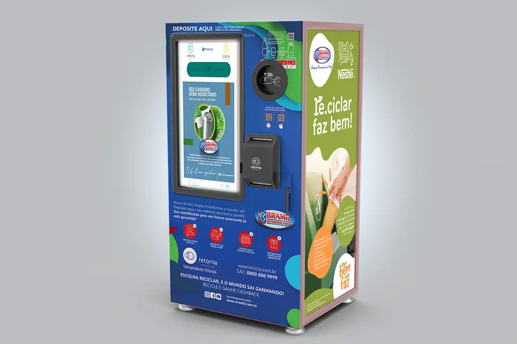 Retorna Machine: consumidor deposita embalagens e recebe em troca benefícios (Ambipar/Divulgação)
