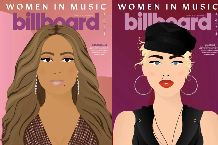 Mariah Carey e Madonna estrelam duas das três capas especiais da Billboard, ilustradas por Yam Karkai (Billboard/World of Women/Reprodução)