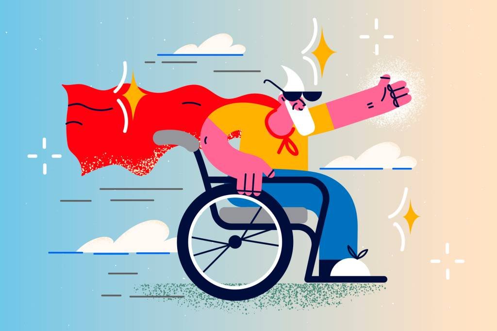 Ilustração de homem idoso em cadeira de rodas e usando capa de heroí: preconceitos em relação à idade atingem jovens e velhos (Denis Novikov/Getty Images)