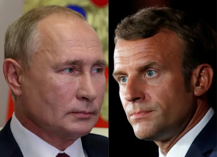 Presidente russo, Vladimir Putin (à esq.), e seu homólogo francês, Emmanuel Macron. (AFP/AFP)