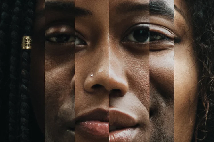 A montage blend of African American faces close up, both men and women with different shades and colors in skin tone.  Melanin beauty. (RyanJLane/Getty Images)