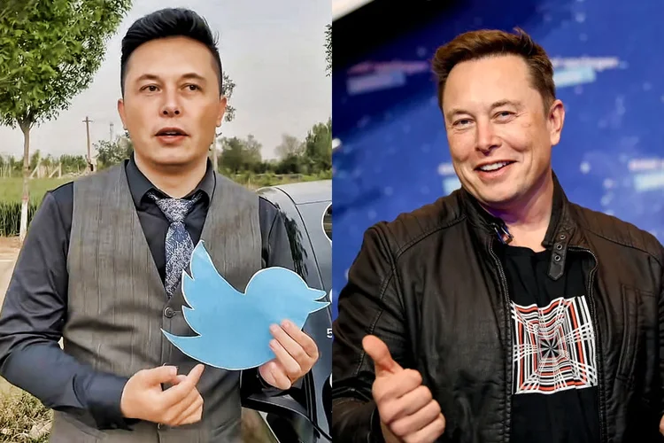 Yilong Ma sósia chinês de Elon Musk e o próprio Elon Musk: perfis foram banidos das redes sociais chinesas (Tik Tok/Reproduoção - Pool/Getty Images)