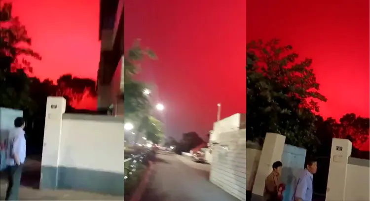 Moradores da cidade de Zhoushan, na China, observam o céu vermelho (Captura de tela/Twitter/Reprodução)