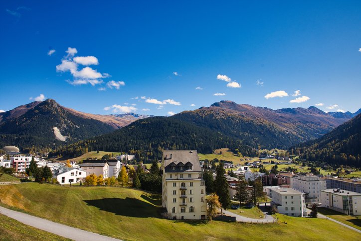 City of Davos Graubunden Switzerland, between mountains alps durring autumn, place of World Economic Forum