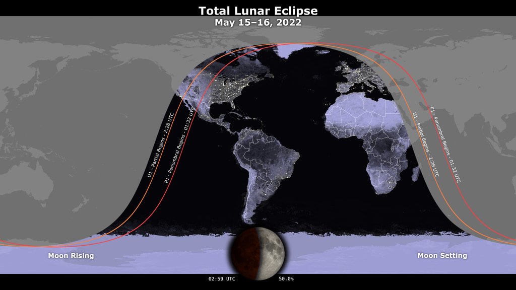 Mapa mostra as regiões onde será possível observar o eclipse lunar total de 15 de maio de 2022