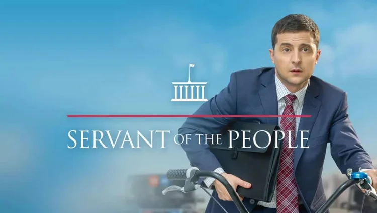 Cartaz em inglês da série "Servo do povo": comédia satírica com políticos foi protagonizada por Zelensky antes de sua chegada à presidência (Kvartal 95/Reprodução)