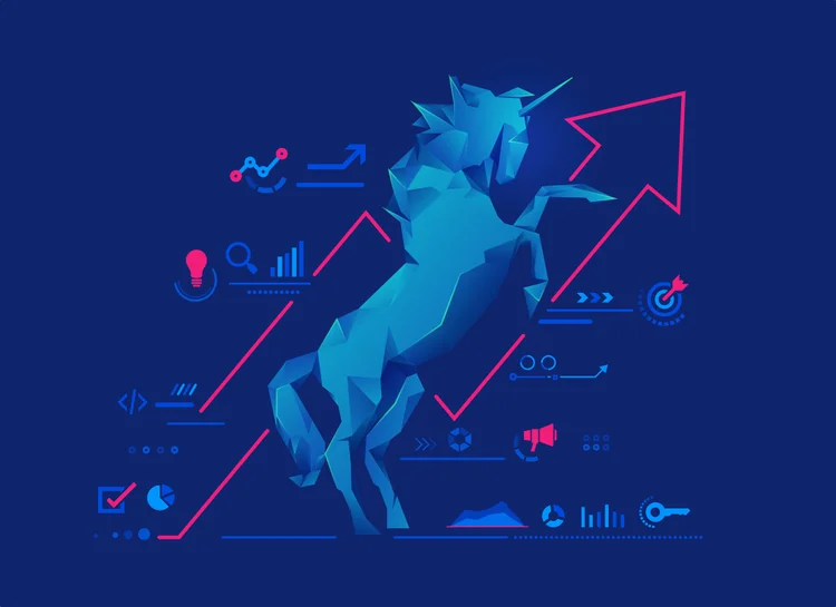 concept of unicorn startup or successful business, graphic of low poly unicorn with startup business elements (Jackie Niam/Getty Images)