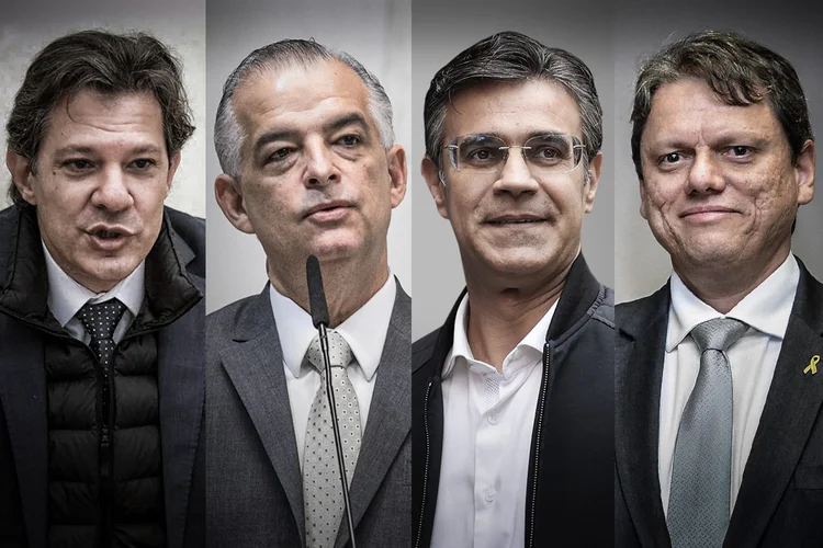 Haddad, França, Garcia e Tarcísio: petista está na frente e segundo lugar embolado. (Haddad: Horacio Villalobos / Colaborador / Getty/ França: Governo de SP / Divulgação/ Tarcísio: Alberto Ruy/FlickR/Garcia: Governo de SP/ Divulgação/Divulgação)