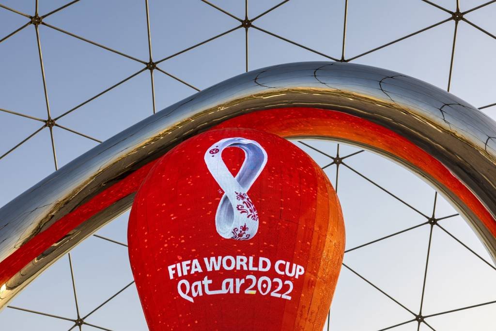 A countdown installation for the upcoming 2022 FIFA World Cup in Doha, Qatar, on Thursday, June 23, 2022. About 1.5 million fans, a little more than half the population of Qatar, are expected to descend upon the tiny Gulf state for this year's FIFA World Cup football tournament. Photographer: /Bloomberg via Getty Images (Christopher Pike/Getty Images)