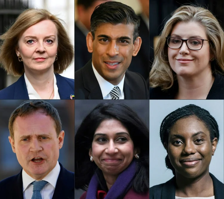 Da direita para a esquerda e de cima para baixo: Liz Truss, Rishi Sunak, Penny Mordaunt, Tom Tugendhat, Suella Braverman, Kemi Badenoch, os seis candidatos para suceder Boris Johnson à frente do Partido Conservador (AFP/AFP)